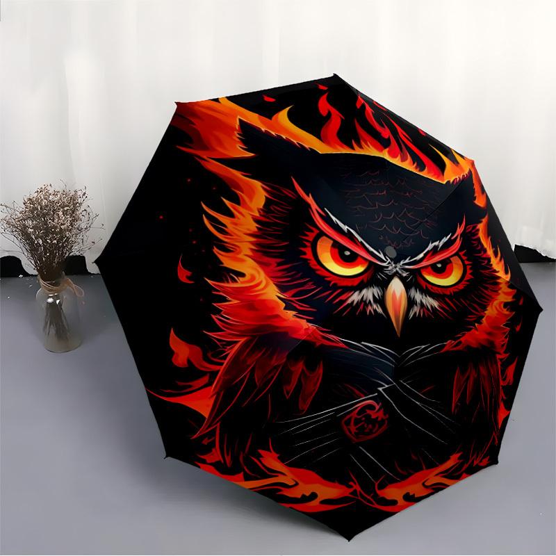 1pc Flaming Owl Automatic Folding Umbrella, Lightweight Retractable Compact Travel Umbrella, 8-Rib Sturdy Frame069