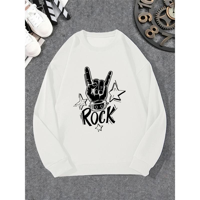 Men's Rock Hand Gesture and Star Pattern Casual Crew Neck Sweatshirt