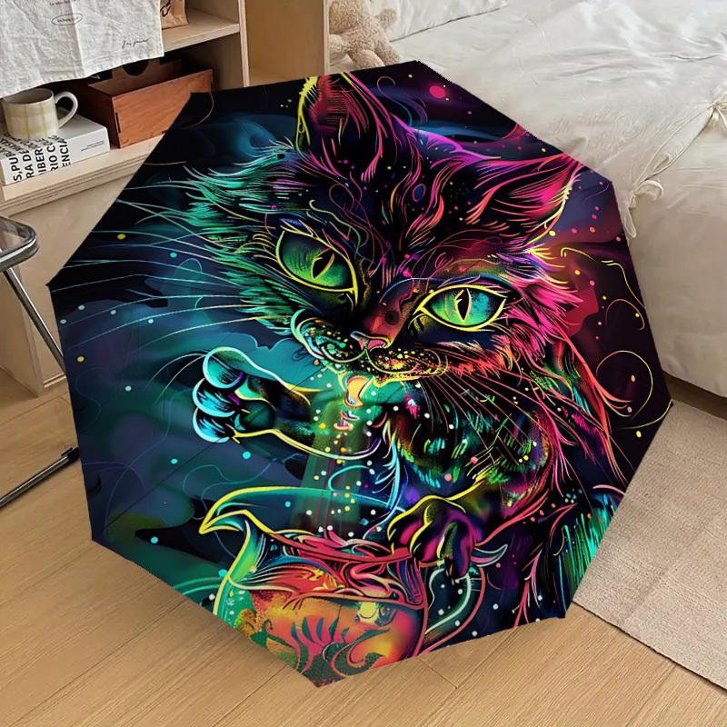 1PC Neon Cat Automatic Folding Umbrella - Compact 8-Rib Design, Durable Plastic & Iron, Lightweight for Outdoor Daily Use, Festive Gift059