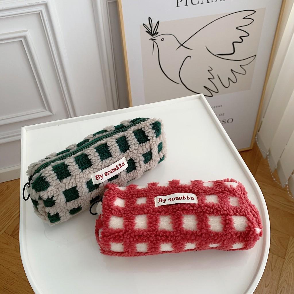 Grid Simple Plush Design Large Capacity Stationery Storage Bag For School