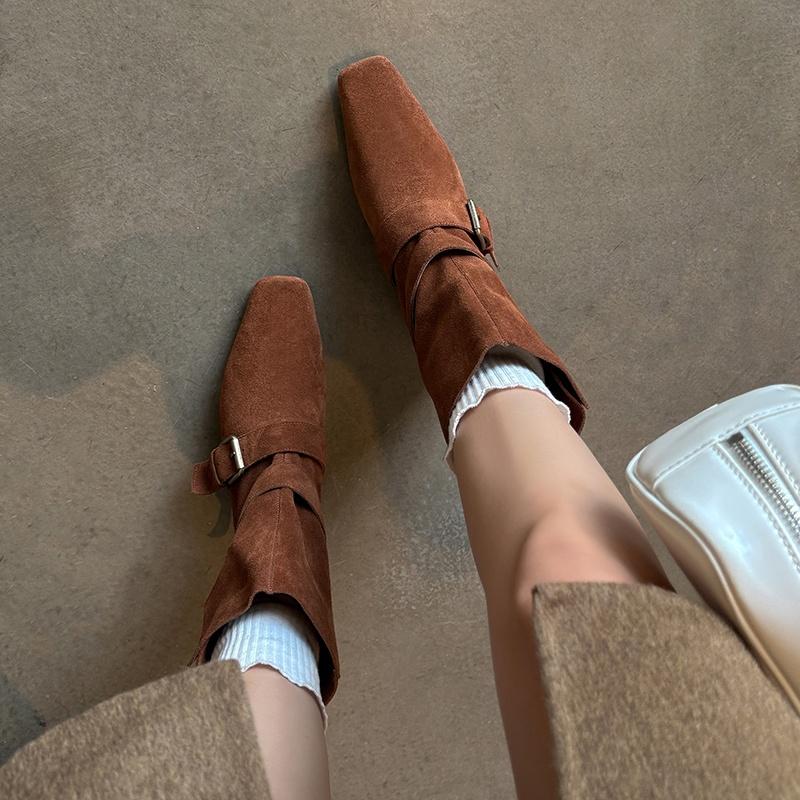 Fashion 2025 New Retro Women Cow Suede Calf Boots Western Boots Autumn Winter Square Toe Buckle Decoration Thick Heels Boots Women
