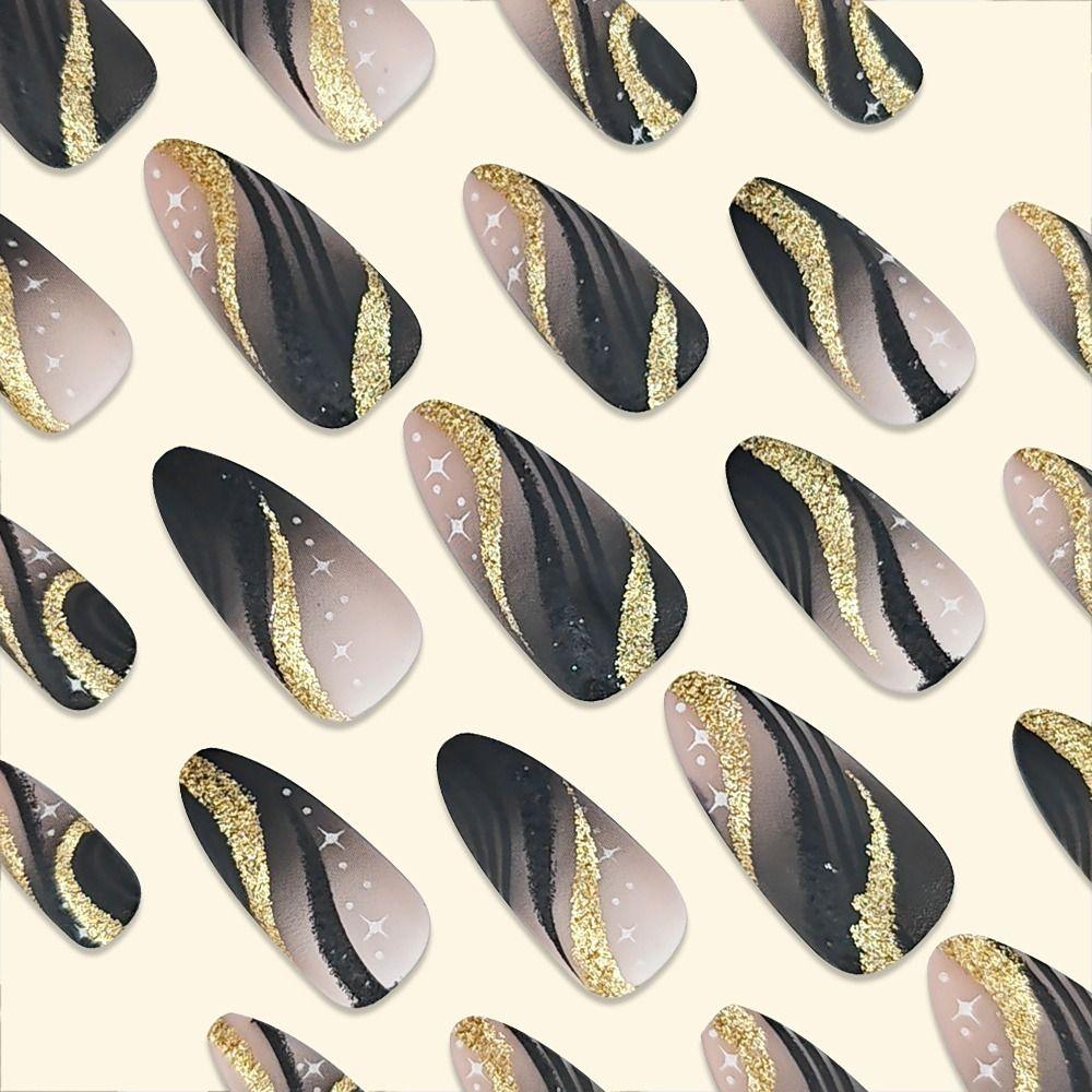 24/30PCS Detachable Spice Glitter False Nail Gilt French Flower Smudging Fake Nail Full Cover Love Press on Nails for Women Girl