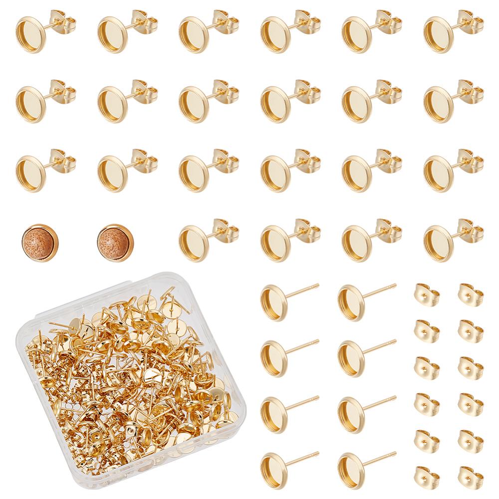 Flat Round 304 Stainless Steel Stud Earring Settings, with 304 Stainless Steel Ear Nuts, Real 18K Gold Plated, Tray: 6mm, 8x1.5mm, Pin: 0.8mm