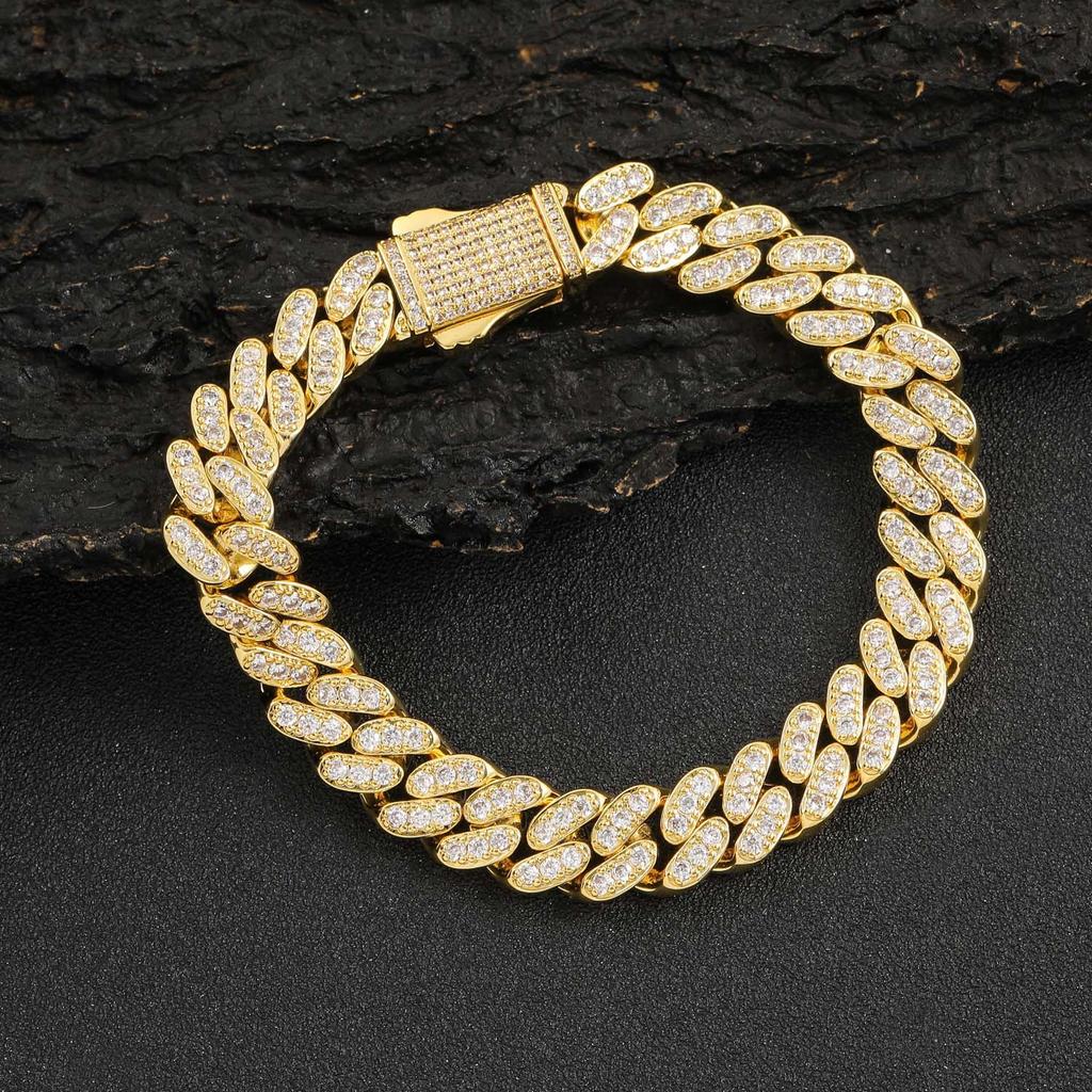 Fashion Hip Hop Jewelry Single Row Zircon Iced Out Spring Clasp 10mm Brass Cuban Link Chain Bracelet for Women and Men