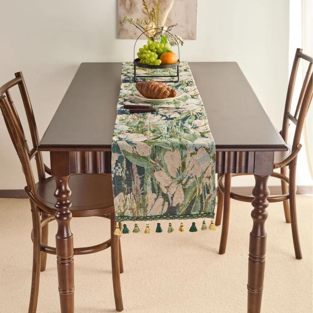 Chinese Style Vintage Tassel Table Runner Jacquard Living Room Bed Tail Coffee Dining Table Decoration Accessories Rustic Decor