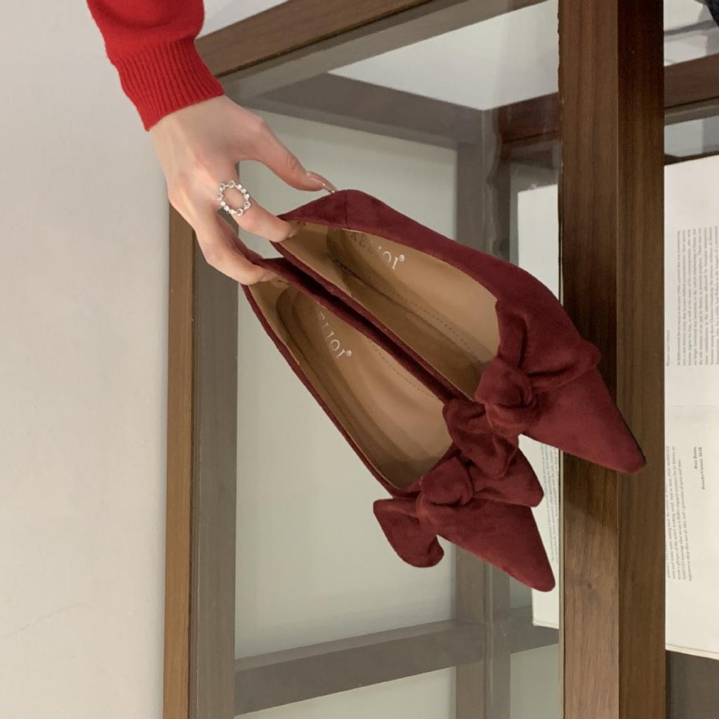 2025 New Autumn Light Mouth Suede Bow Cover Foot Commuting Soft Leather Work Women's Single Shoes