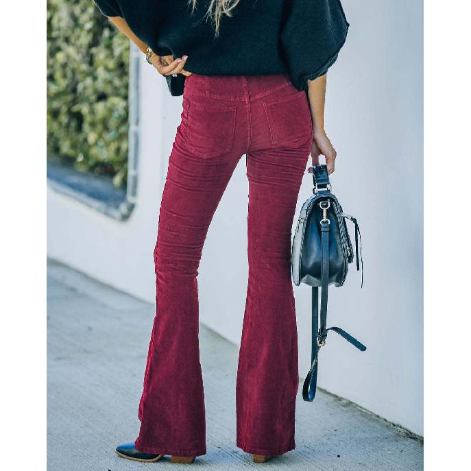 2026 Spring/Summer Women's Solid Color High-Waisted Slim Fit Slight Flare Corduroy Elastic Waist Casual Pants
