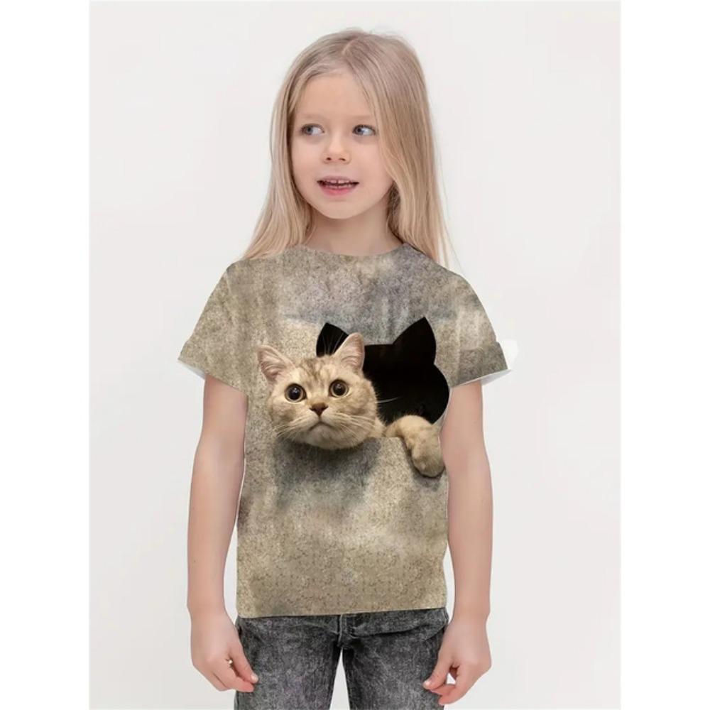 Roupa de Menina 2025 Gato de Desenho Animado Animal Fofo Estampa 3D Moda Casual Camisetas Engraçadas Camisetas de Menina Top de Verão de Manga Curta