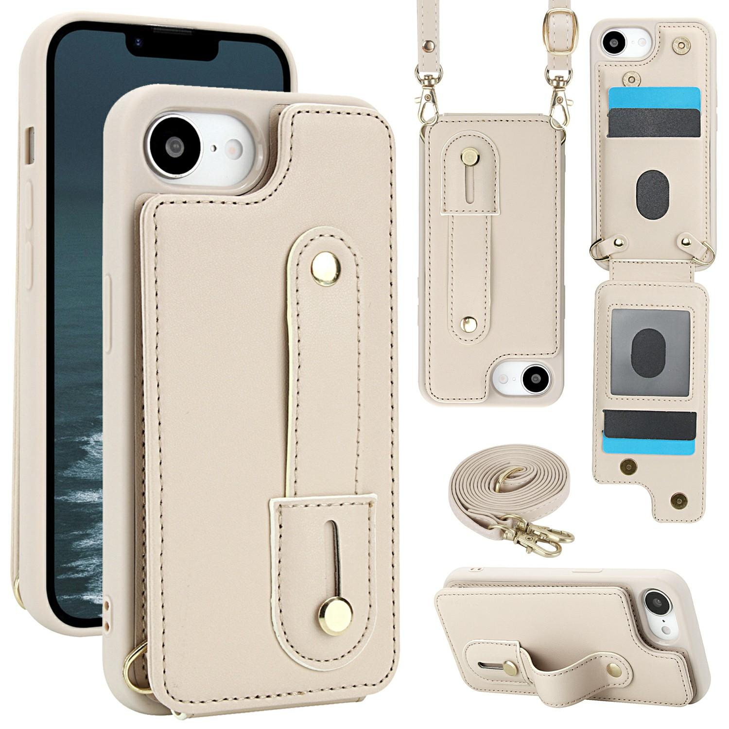 

Чохол для iPhone 16e з підставкою, слотами для карток, шкіряним покриттям, TPU-чохол з плечовим ременем Beige