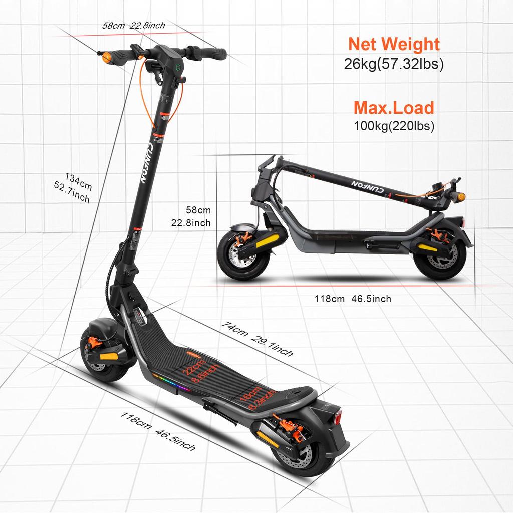 CUNFON RS500 City Pendeln Elektroroller 800W 36V13AH Batterie 9,5 Zoll Vakuumreifen Multi-Terrain E-Scooter Für Erwachsene Klappbar