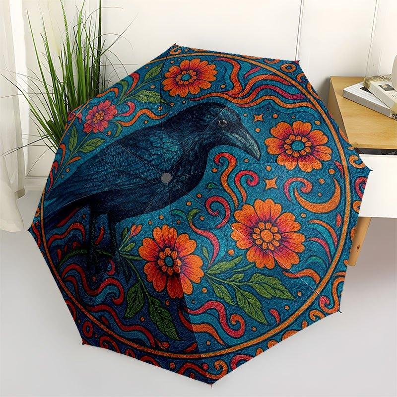Bunter Floraler Rabe Kunst Druck: Lebendiger Naturdesign-Schirm, Tragbarer 3-fach Kompakt-Schirm für Damen & Herren R140