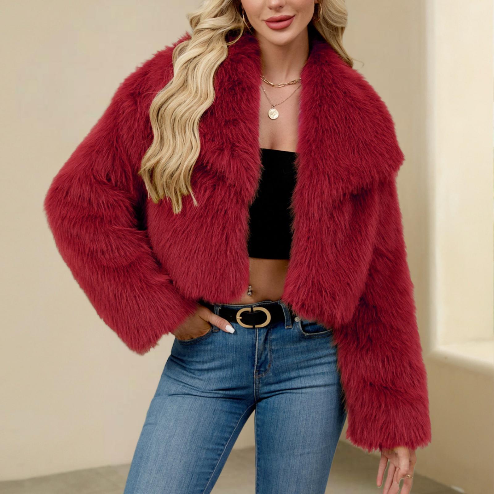 

Модная женская плюшевая короткая куртка с воротником-стойкой XXL винный