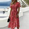 Dames Jurk met Korte Mouwen, V-hals, Midi Lengte, Abstracte Print en Elastische Taille, Casual Pasvorm voor Dagelijks Gebruik