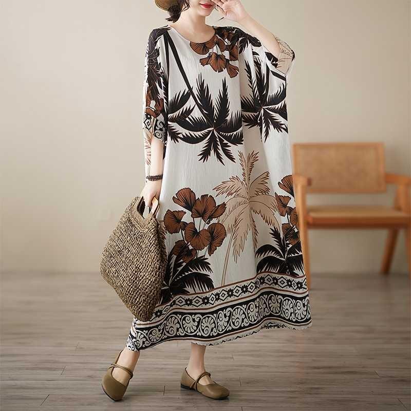 Summer Literary and Retro Middle-aged and Elderly Mother Clothing Cotton and Linen Positioning Flower Round Neck Loose Dress Women