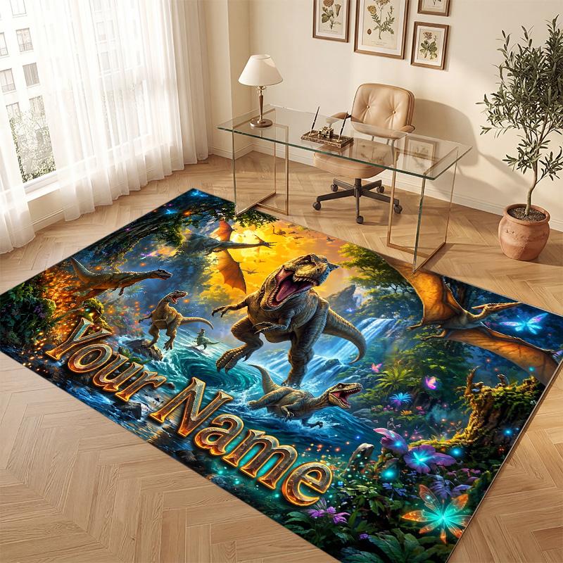 Dinosaur Theme Soft Crystal Velvet Rug Custom Name & Text Print Non Slip Floor Rug for Bedroom Living Room