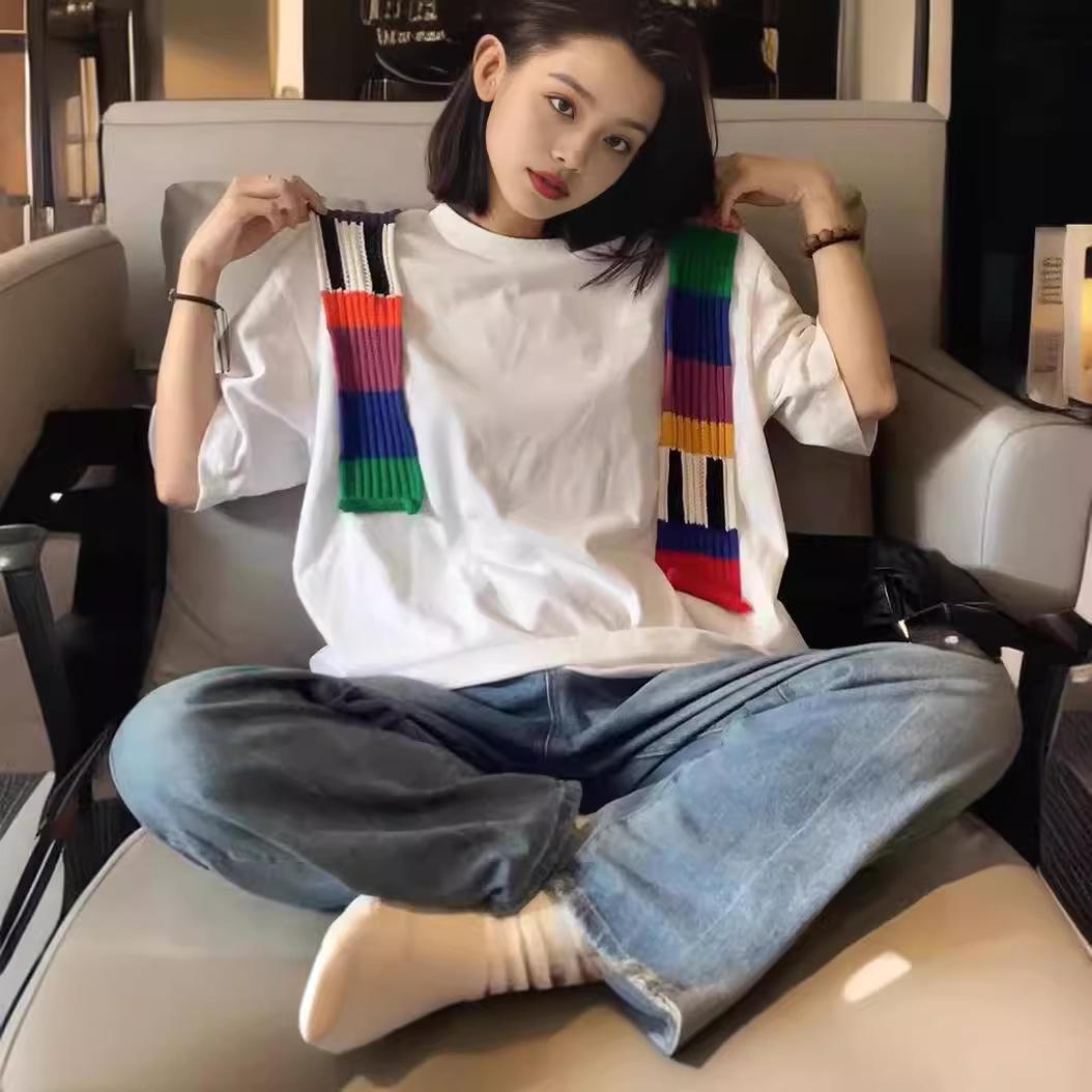 

Women s Loose Rainbow Patchwork Cotton T-Shirt - Summer Short Sleeve Casual Top XL білий