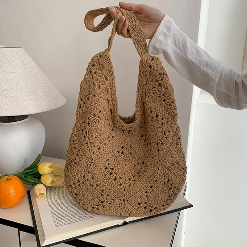 Women Woven Bag Chic Hobo Bag Large Capacity Weaving Shoulder Purse Stylish Hollow Out Handbag Vacation Bag