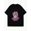 Oversized T Shirt Black Cat Print With Monchhichi Halo Text Casual Streetwear For Women