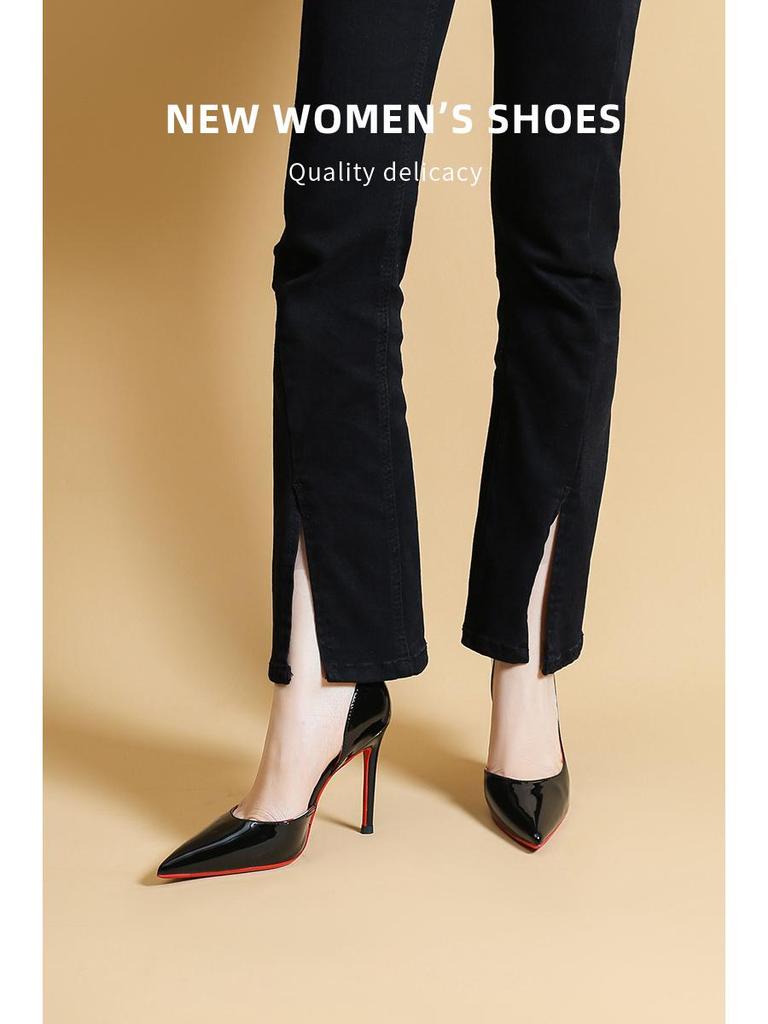 Women's Black Stiletto High Heels with Red Bottom, Side Cutout, and Pointed Toe - 2025 New Patent Leather Nightclub Shoes