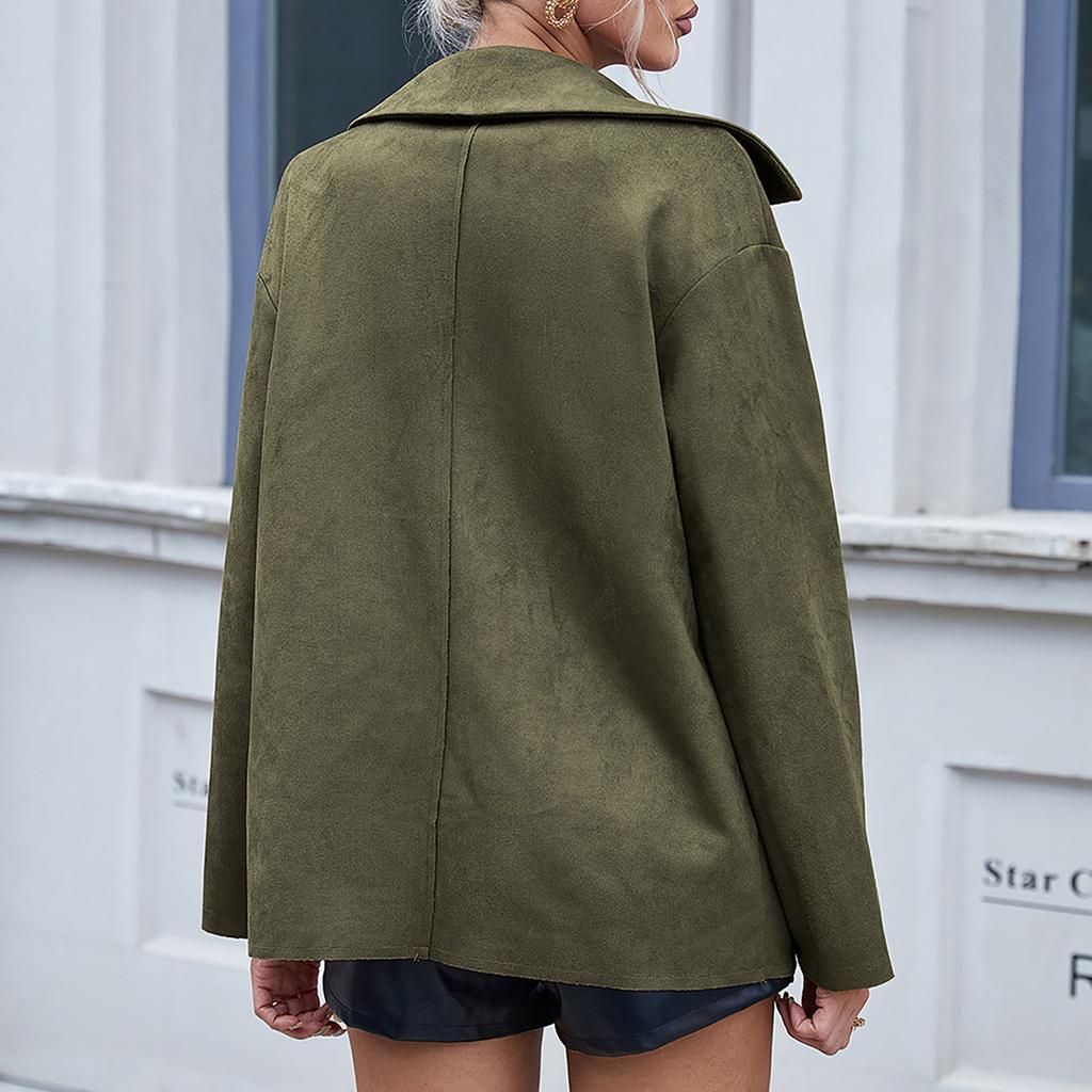 Women's Fashion- Solid Color Single-breasted Lapel Faux Deerskin Velvet Long-Sleeved Pocket Shirt Jacket