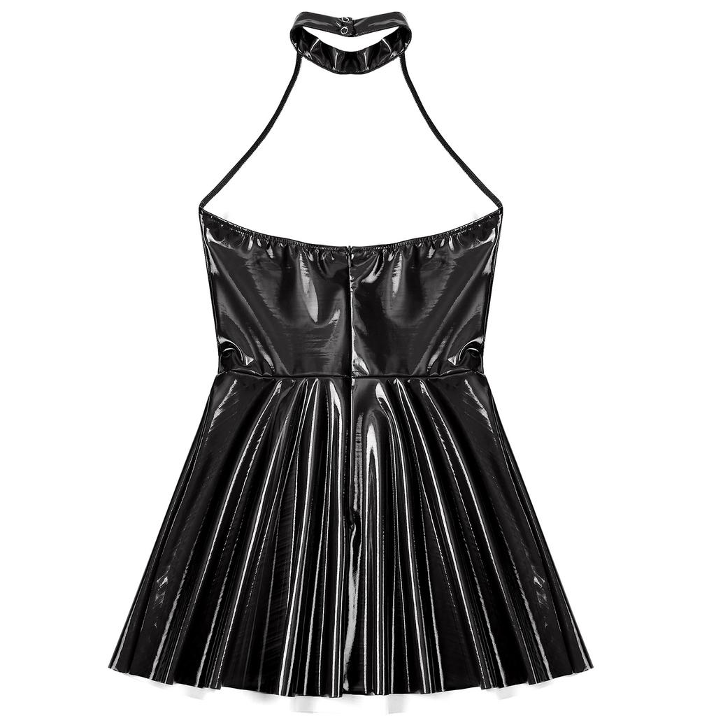 Womens Latex Swing Skirt Disco Dress Glossy Patent Leather Clubwear Halter Sleeveless Skater Mini Dress Rave Party Clubwear