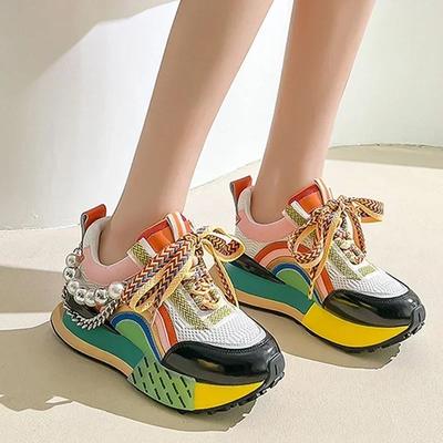 Nové šněrovací Iridescent Pearl Chain Dekorativní Dámské Vulkanizované Boty Dámské Tenisky na platformě Dámské Boty Zapatos De Mujer