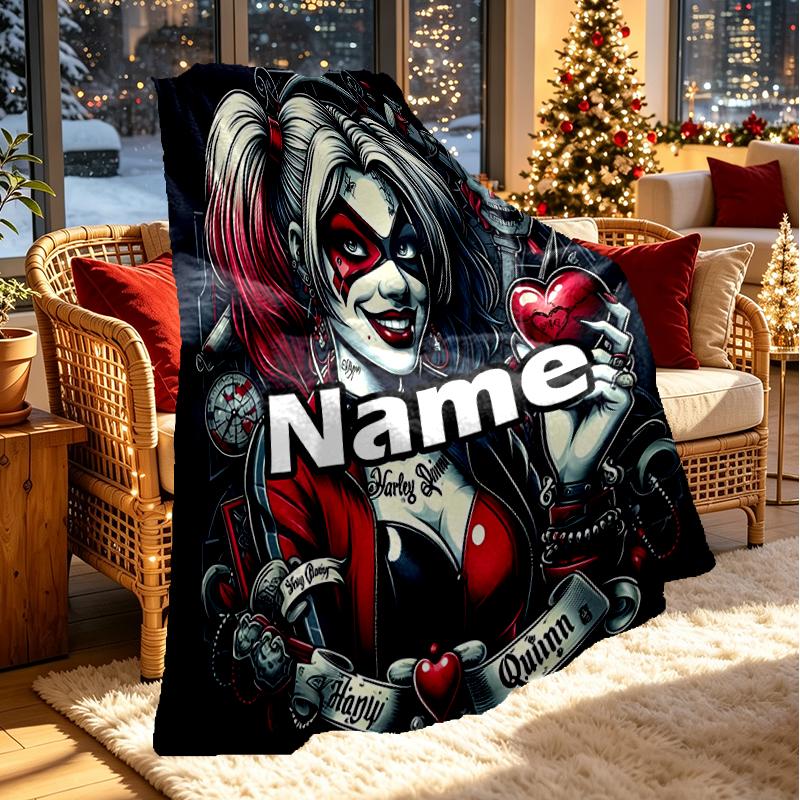 Custom Name Personalized Harley Quinn Joker Print Blanket, Home Decor, Bedroom, Sofa, Camping, Couch, Gifts for Birthday Christmas