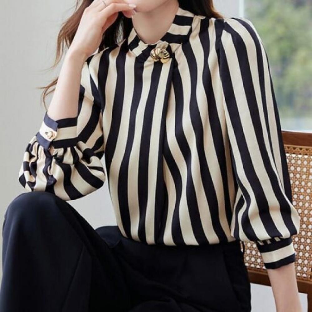 Navava Women Vintage Stripe Stand Collar Long Sleeve Blouse Nb3003