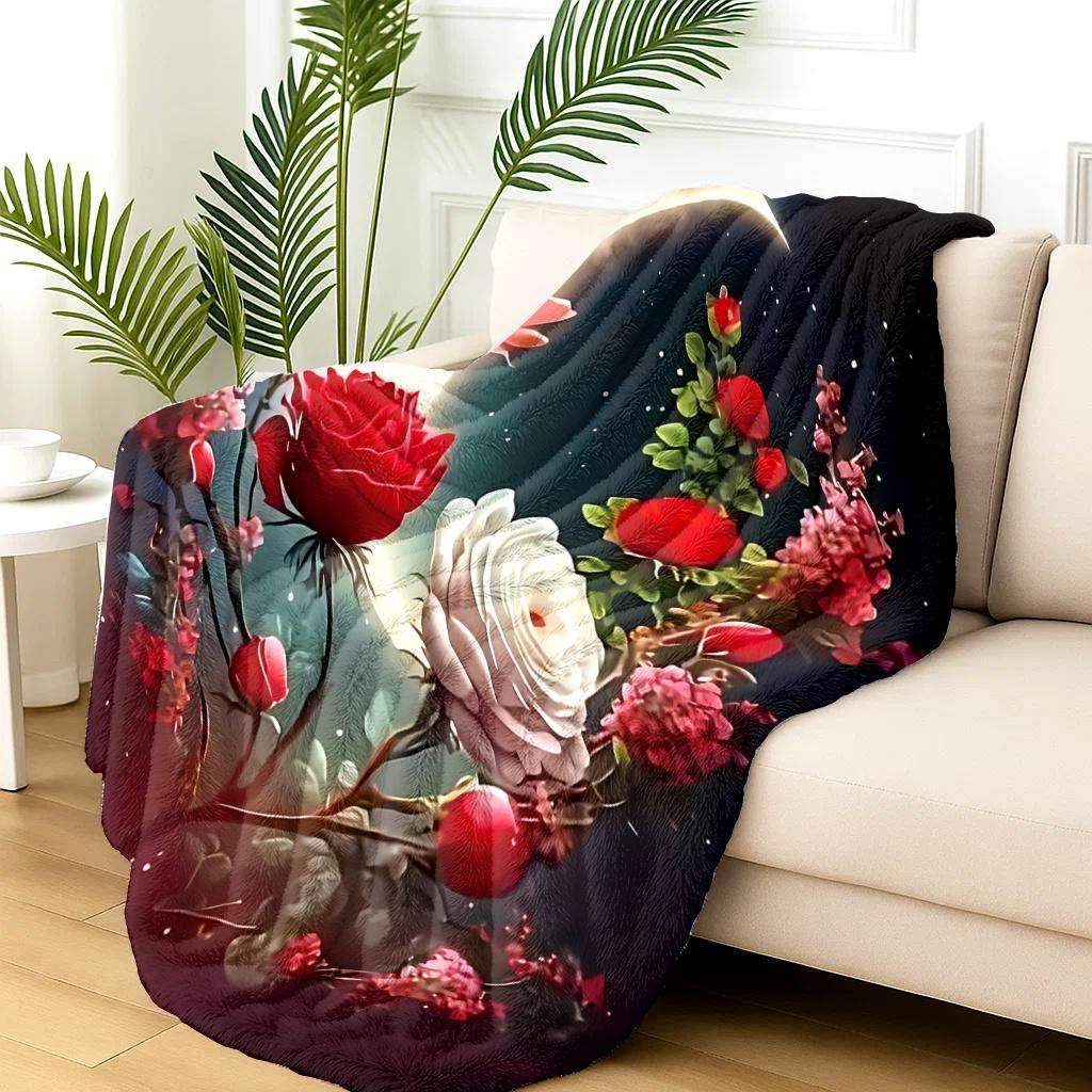 Rose-colored Moon Flowers Flannel Printed Blanket Suitable for All Seasons Suitable for Living Room Office Sofa and Travel