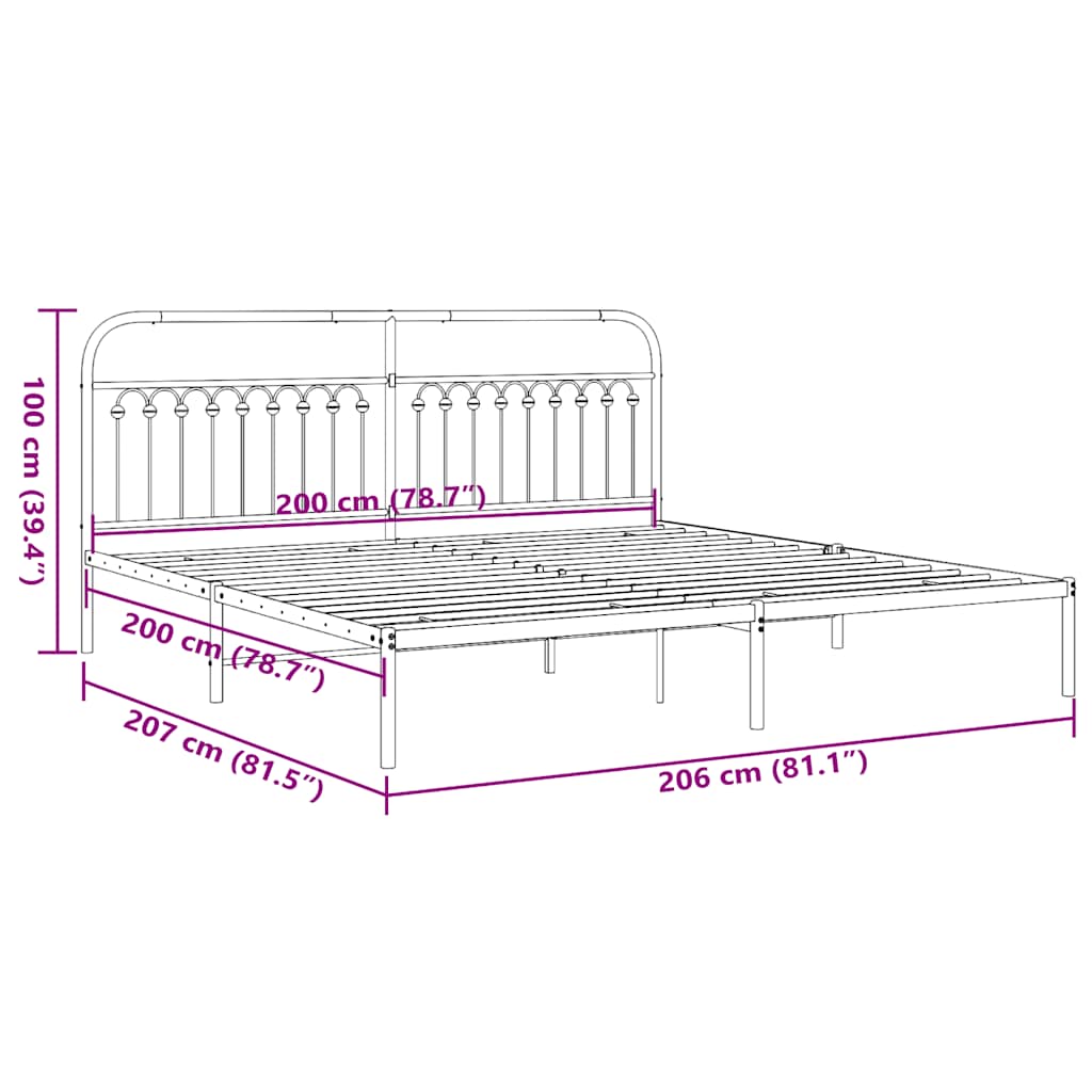 Metal Bed Frame with Headboard Black 200 X 200 Cm
