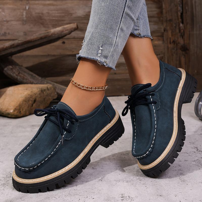 Women's Autumn Lace-Up British Style Loafers, Retro Thick-Soled Platform Footwear, Available In Large Sizes.