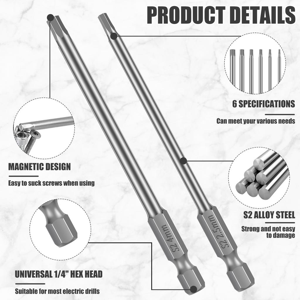 10/6pcs Hex Allen Key Bit Set S2 Steel 1/4” Hex-Shank Metric Inner Hexagon Screwdriver Bit Multiple Size for Assembling Furnitur