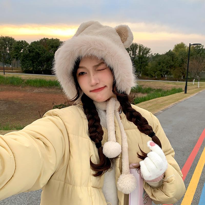 

Милая зимняя шапка-плюш медведь пушистая теплая утолщенная шапка-ушанка шапка-повязка имитация лисьего меха женская