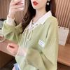 Spring Summer Contrast Lacing Loose T-Shirts Polo Neck Long Sleeve Patchwork Tops Tees Casual Women Clothing
