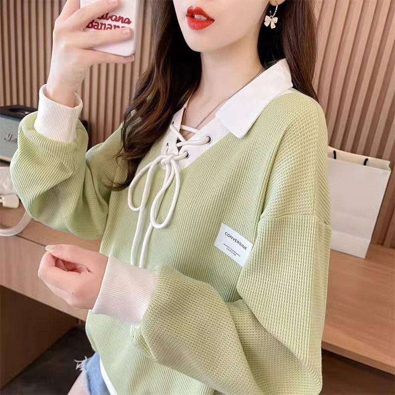 Spring Summer Contrast Lacing Loose T-Shirts Polo Neck Long Sleeve Patchwork Tops Tees Casual Women Clothing