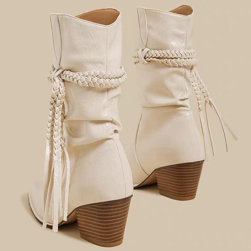 Fringe Women High Heels Boots Pointed Toe Heeled Shoes Winter Designer New Chunky Chelsea Boots Suede Shoes Mujer Botas