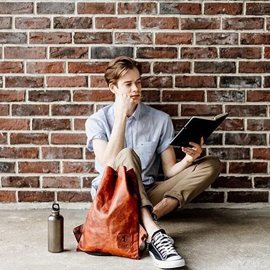 Rucsac din piele Geantă de sport, Geantă sport cu cordon pentru bărbați și femei - maro