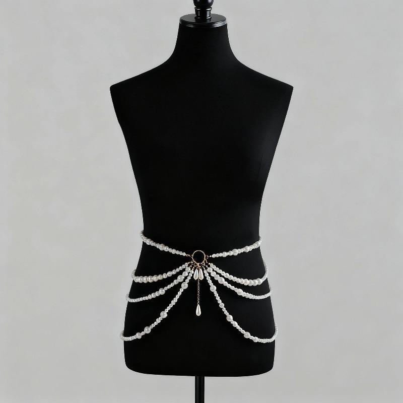

Elegant Multi-Layer Imitation Pearl Waist Chain - 74+30cm Adjustable Belly Chain with Metal Tassel for Beach Vacation 1 piece pack белый