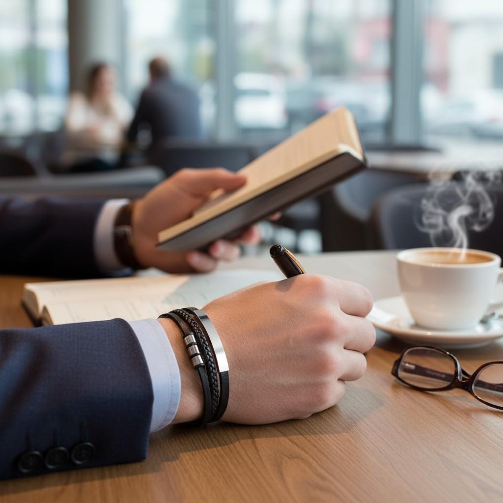 Men' leather bracelet, black, multi-layer, 316L steel, magnet, 21cm, gift