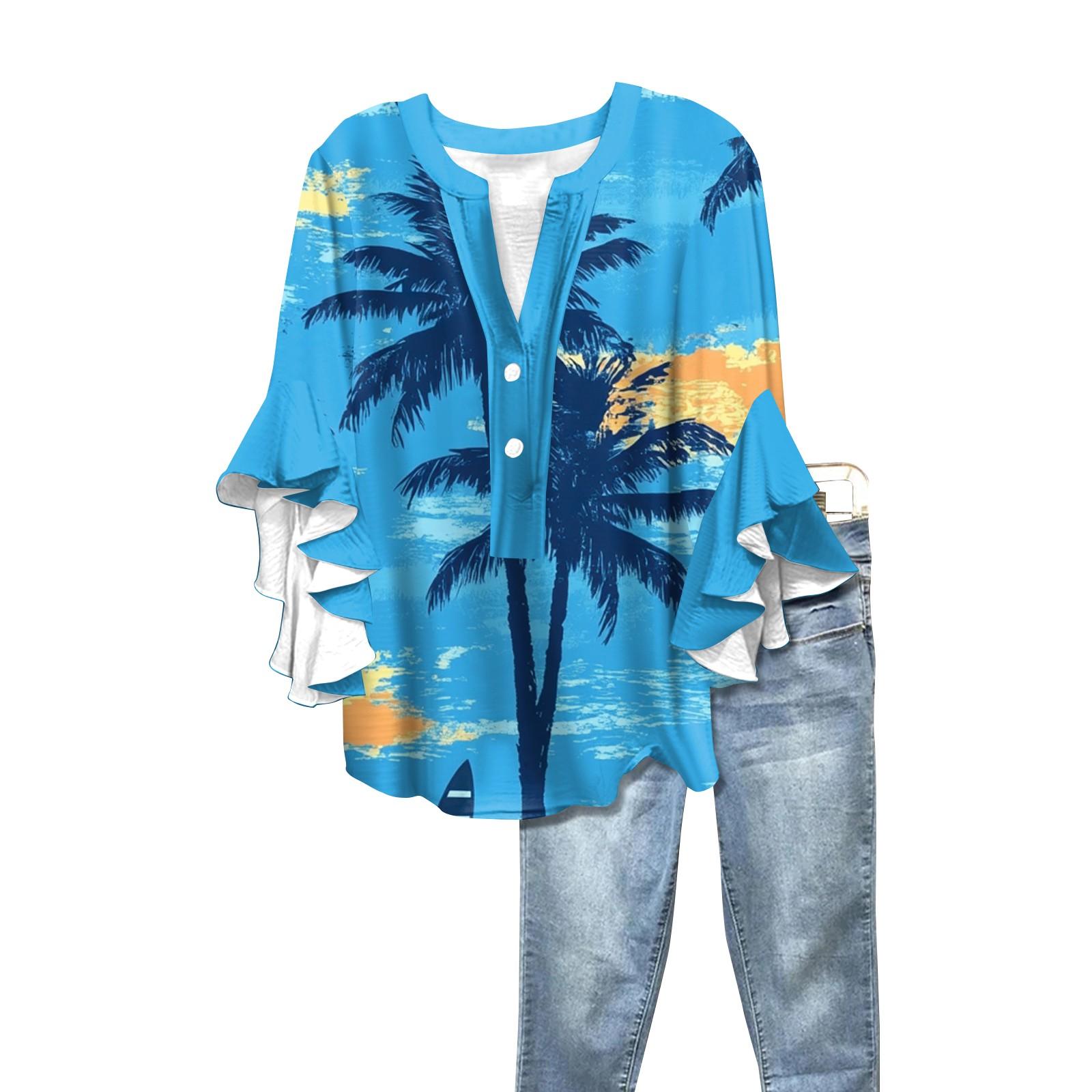 Summer Women s Tops V-Neck Seven Sleeve Shirt Spring Summer Floral Printed Tops Casual Shirt XXL