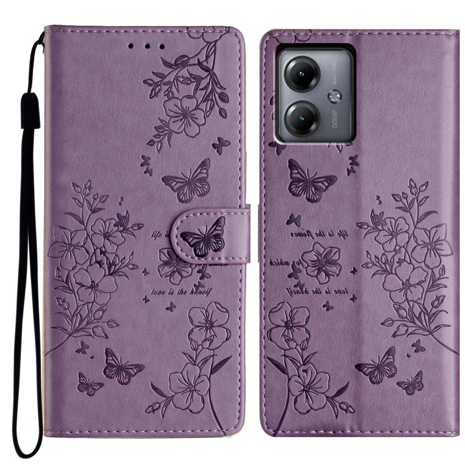

For Motorola Moto G54 5G Leather Case Butterfly Floral Imprint Stand Phone Cover Purple