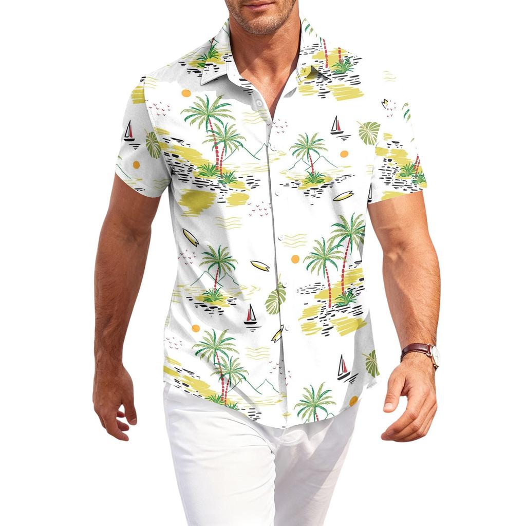 Men's Casual Loose Fit Hawaiian Short Sleeve Shirt Button Down Tropical Print Lightweight Summer Shirt for Beach Vacation and Daily Wear