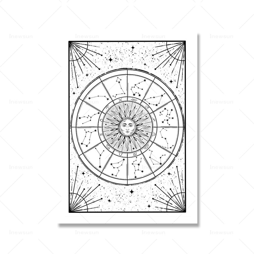 Moon Tarot Card Zodiac Chart Wall Art Mural Retro Occult Tattoo Flash Sheet Canvas Painting Witchy Palmistry Posters Wall Decor