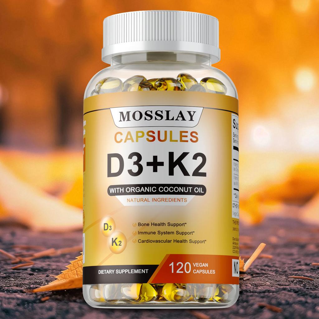 Natural Vitamin D3+K2 Capsules, Containing Organic Coconut Oil, Beneficial for Bone and Teeth Health.