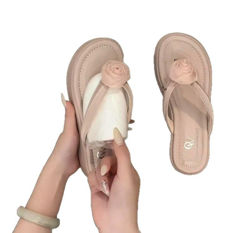 Thick bottom heightening pink flower flip-flops female summer wear 2025 new fairy style with skirt toe cool slippers