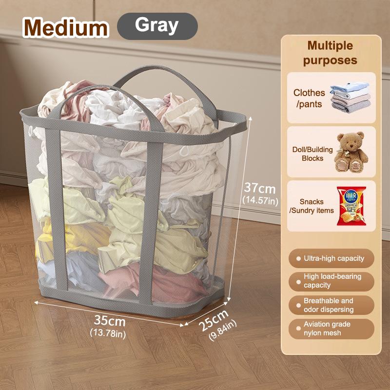 Nylon Mesh Laundry Basket With Handle Breathable Folding Portable Dirty Clothes Organizer Bags Large Capacity Toys Storage Bag