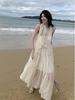 Striped Chiffon Halter Neck Summer Dress with Lace Stitching and Large Swing Skirt