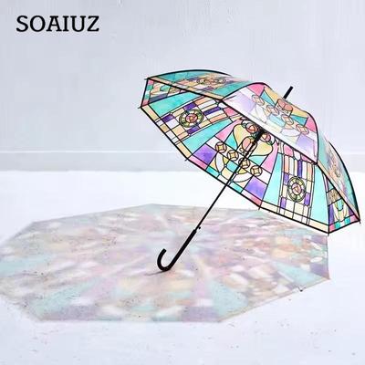 Regenwald-Bogen-Regenschirm im britischen Stil, transparent, Vintage-Stil, bemaltes Glas, transparenter Regenschirm mit langem Griff, automatischer Regenschirm