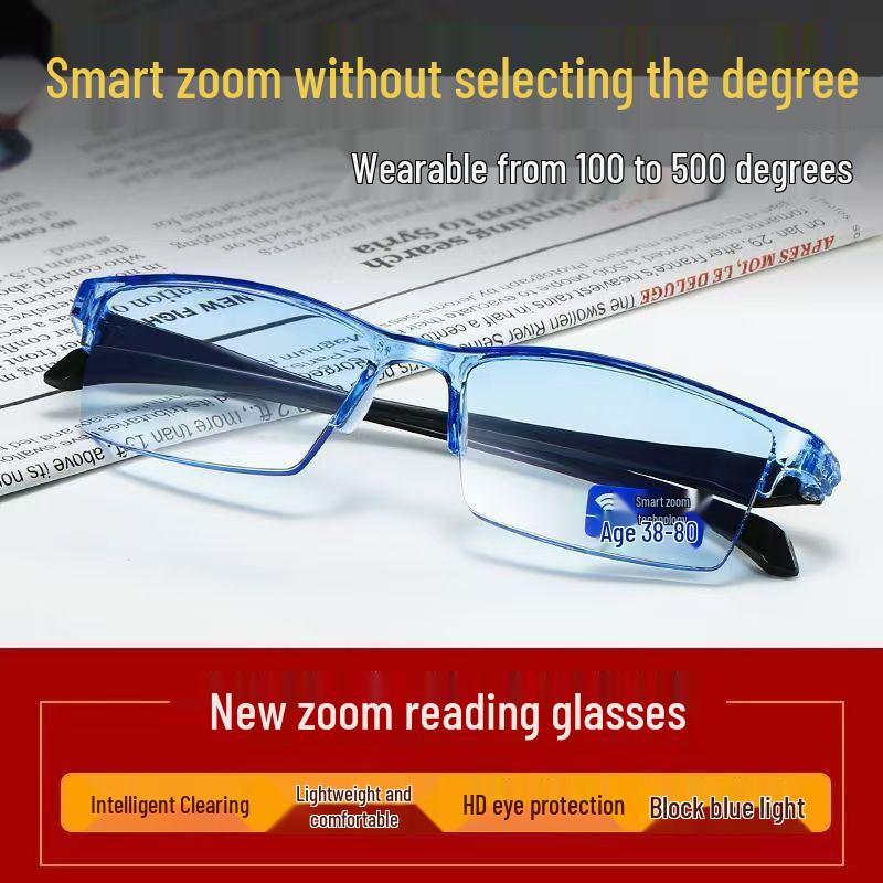 In Stock Smart Zoom Half-Frame Blue Light Blocking Reading Glasses for Fashionable Elderly Business