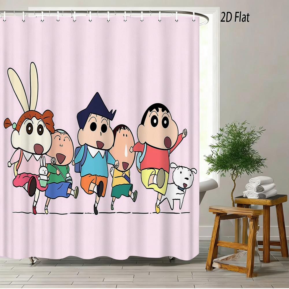 Crayon Shin-Chan Umbrella Walking Cartoon 2D Print Waterproof Shower Curtain, Minimalist White Bathroom Decor With Hooks